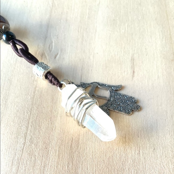 Handmade Sterling silver hamsa clear Quartz wand necklace gemstone healing stone - Picture 2 of 8